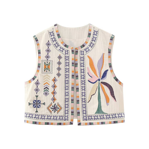 Damen bestickte ärmellose Boho‑Weste mit folkloristischen Motiven und offener Front Drune