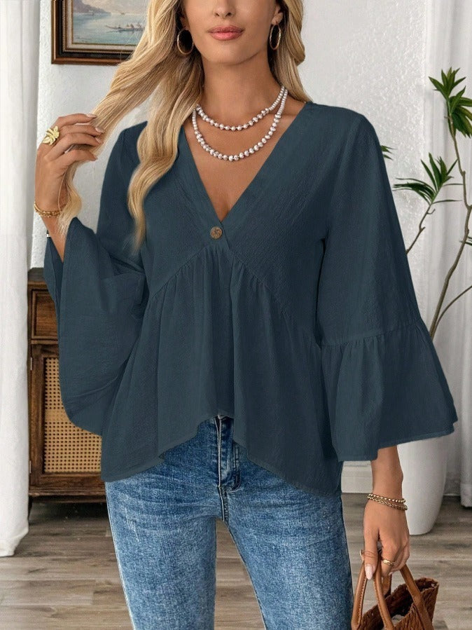 Damen nan elegante Empire-Bluse mit V-Ausschnitt, geraffter Brustnaht und Glockenärmeln Drune
