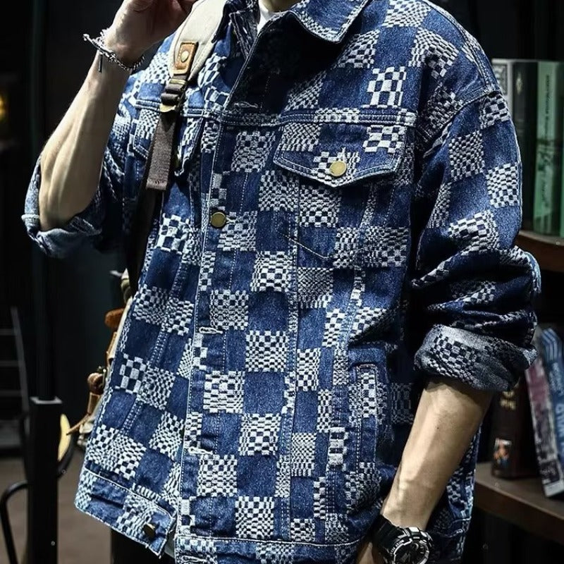 Herren Modische Denimjacke mit einzigartigem Karomuster Drune