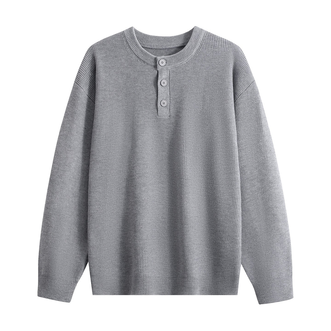 Unisex Oversize Rippstrick-Henley-Pullover mit 3‑Knopf-Leiste Drune