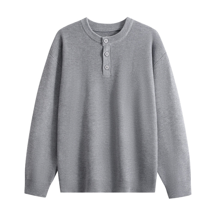 Unisex Oversize Rippstrick-Henley-Pullover mit 3‑Knopf-Leiste Drune