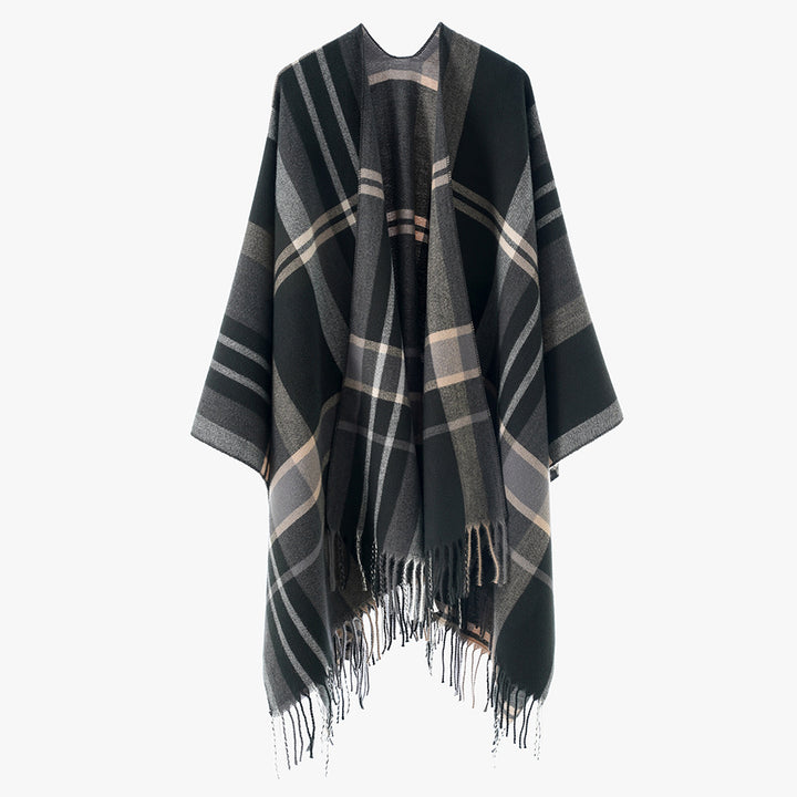 Damen Oversize Poncho-Cape mit Karomuster und Fransen Drune