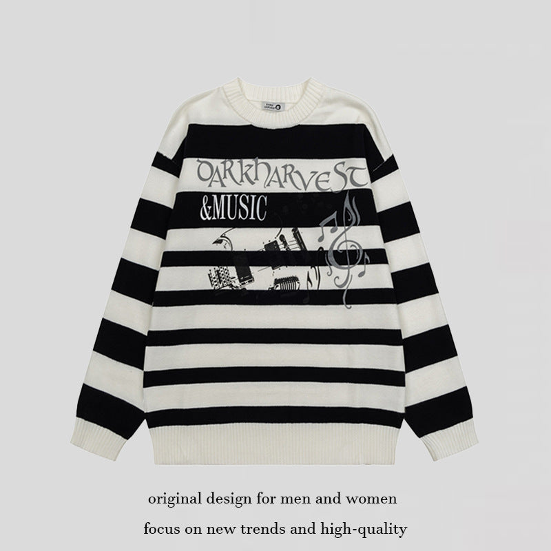 Damen Gestreifter Oversize-Strickpullover mit Rundhals und Musik-Grafik Drune