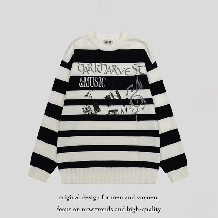 Damen Gestreifter Oversize-Strickpullover mit Rundhals und Musik-Grafik Drune