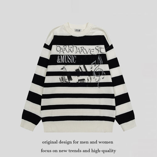 Damen Gestreifter Oversize-Strickpullover mit Rundhals und Musik-Grafik Drune