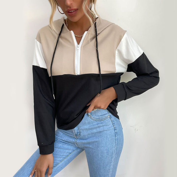 Damen Kapuzenpullover mit halbem Reißverschluss, Colorblock‑Design und Tunnelzug Drune