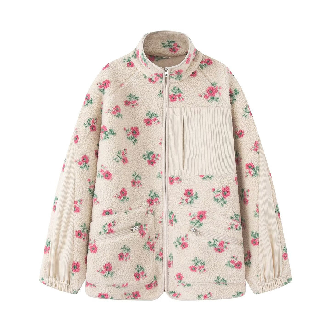 Damen nan Teddy-Fleece Jacke mit floralem Muster, Feincord-Einsätzen, Stehkragen und Reißverschluss Drune