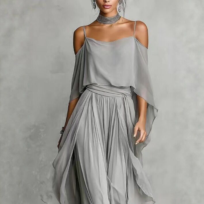 Damen Lange Chiffon Maxi Kleid mit Kaltem Schulter, Spaghetti-Träger und Geschichtetem Cape Drune