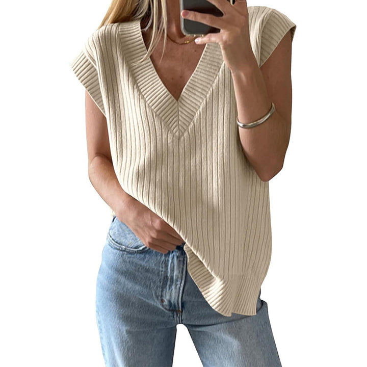 Damen lässiges V-Ausschnitt Oberteil aus Rippstrickmaterial Drune