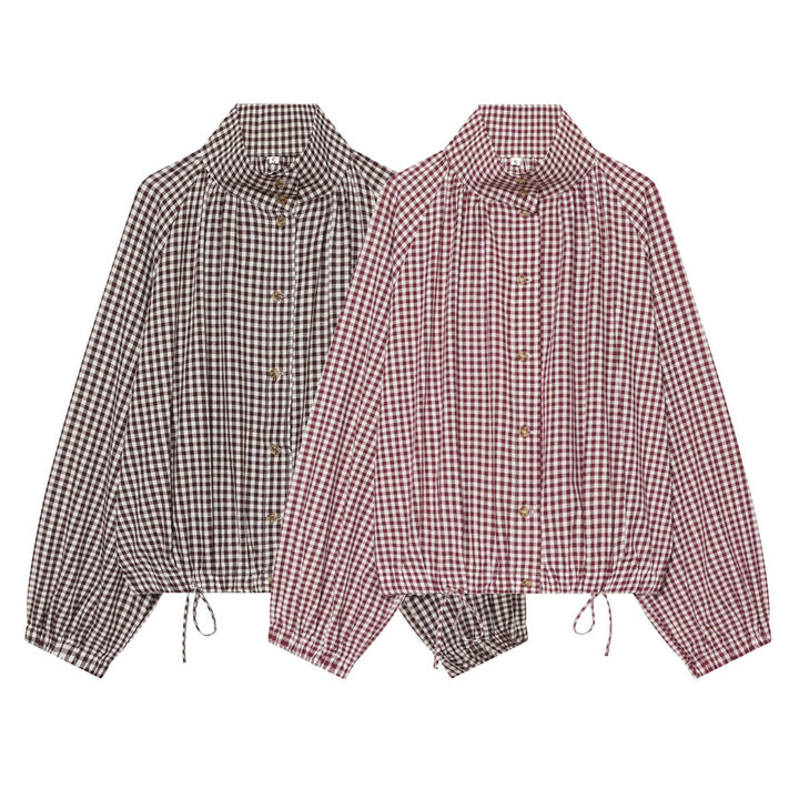 Damen Karierte Cropped‑Bluse mit Stehkragen, Tunnelzugsaum und Ballonärmeln Drune