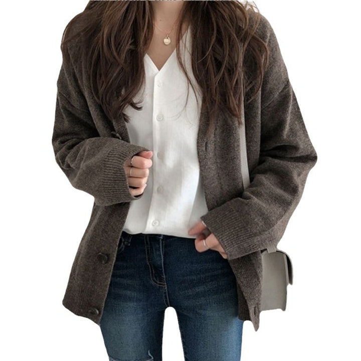 Damen bequeme Strickjacke mit weichem Material und großen Knopfdetails Drune