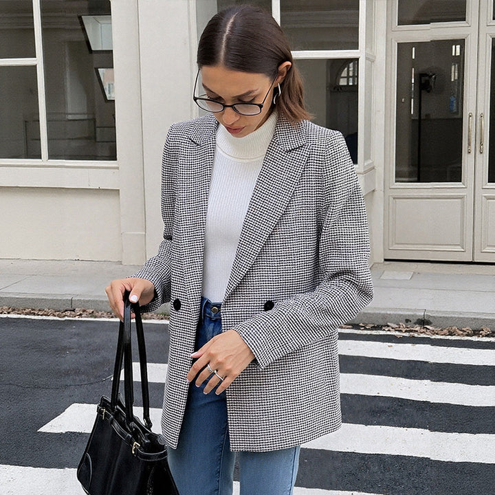 Damen Oversize Hahnentritt-Blazer mit Reverskragen und Pattentaschen Drune