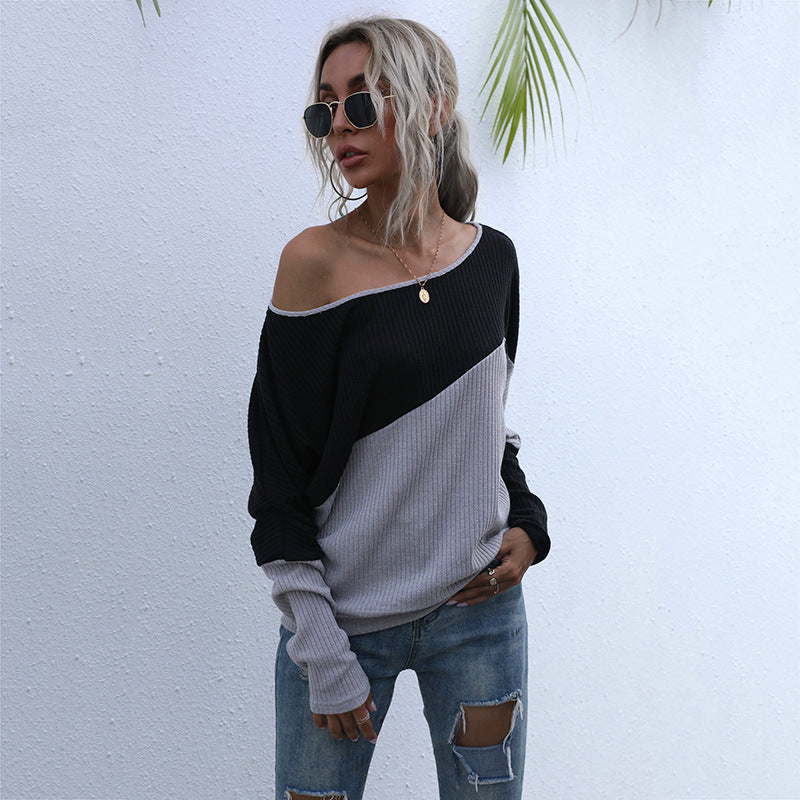 Damen Schulterfreier Rippstrick-Pullover im Diagonal-Colorblock mit lässiger Oversize-Passform Drune