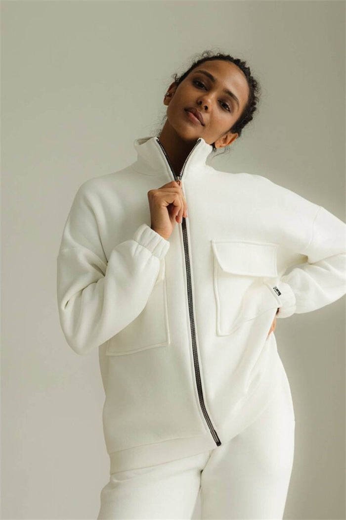 Damen modische Fleecejacke mit hohem Kragen und praktischen Taschen Drune