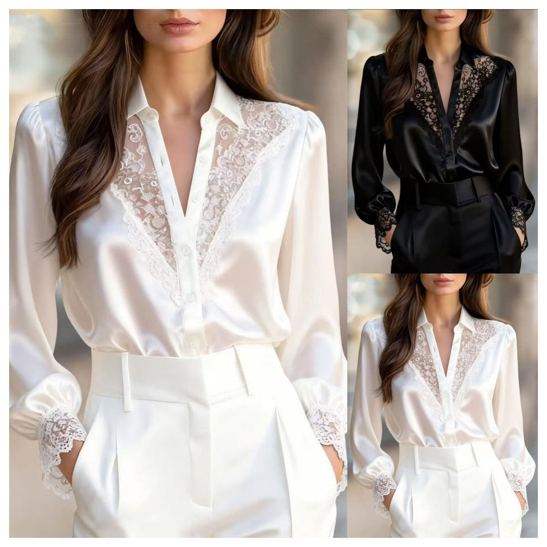 Damen elegante Bluse mit romantischen Spitzenakzenten Drune