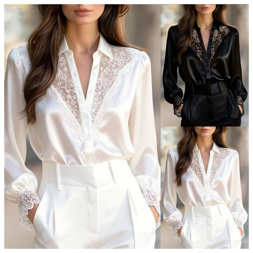 Damen elegante Bluse mit romantischen Spitzenakzenten Drune