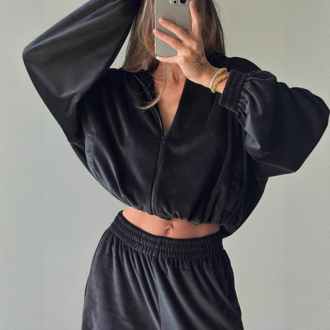 Damen Fleece-Loungewear-Anzug mit modernem Reißverschluss und weitem Schnitt Drune