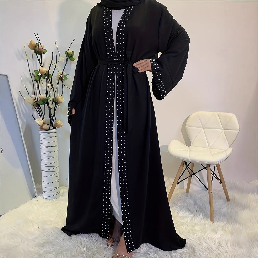 Damen elegante Abaya mit aufwendigen Strassdetails und Taillengürtel Drune