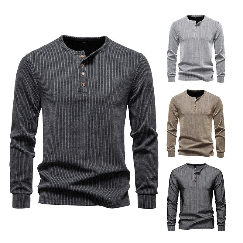 Herren Slim-Fit Gerippter Henley-Langarmpullover mit Rundhalsausschnitt und Knopfleiste Drune