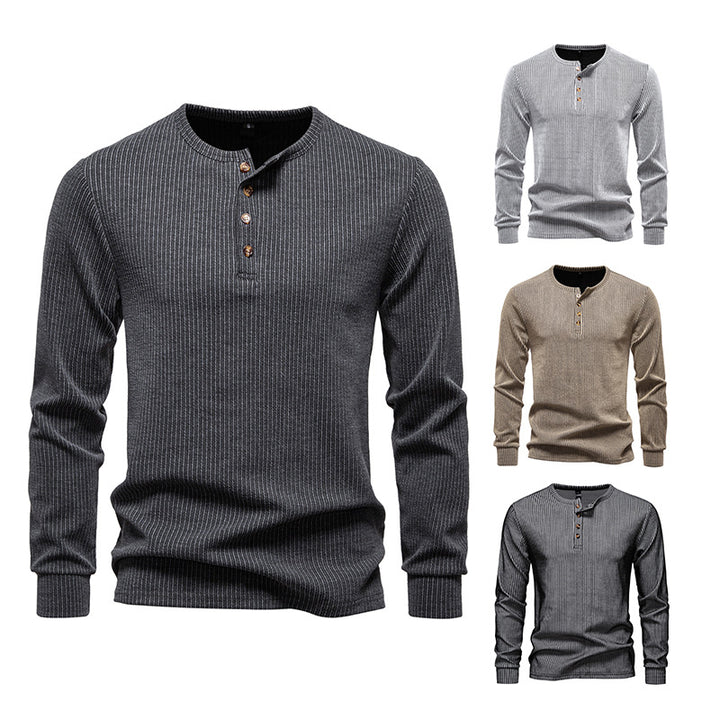 Herren Slim-Fit Gerippter Henley-Langarmpullover mit Rundhalsausschnitt und Knopfleiste Drune