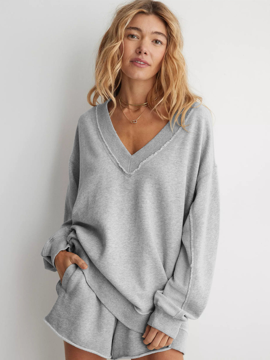 Damen lässiger V-Ausschnitt Sweatshirt mit angesagtem Oversized-Schnitt Drune