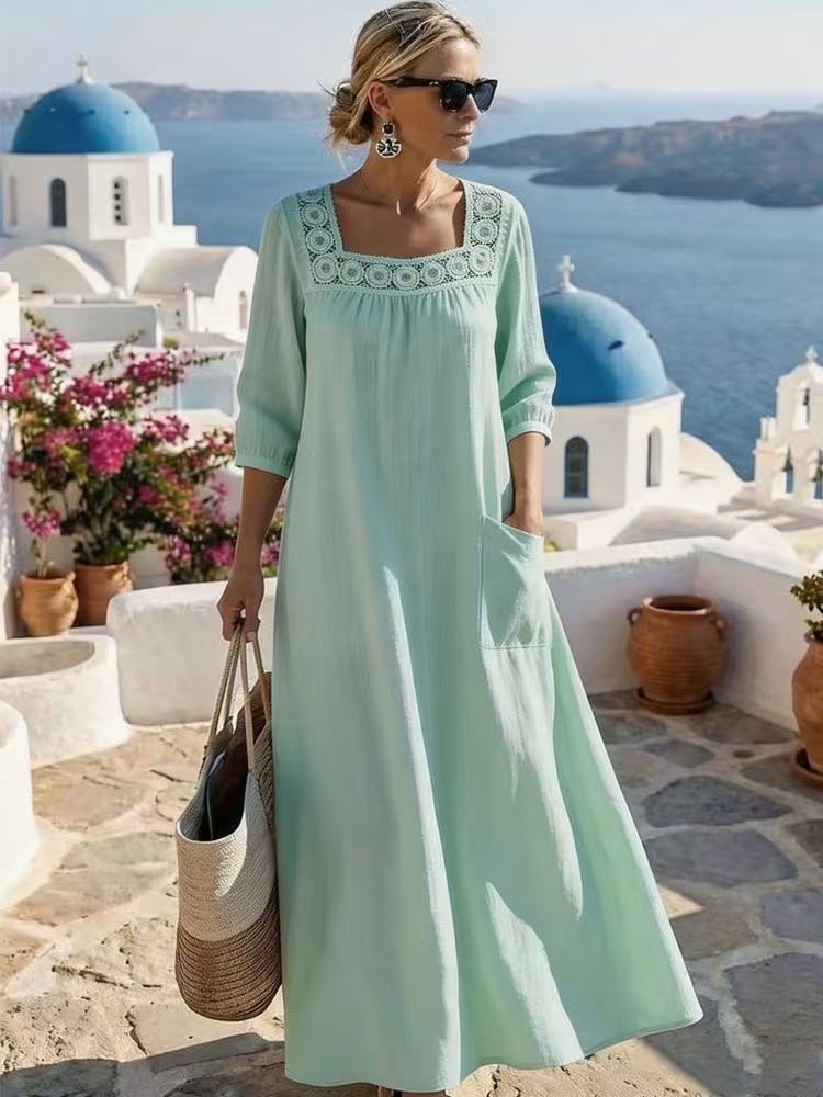 Damen Maxikleid mit gehäkeltem Quadrat-Ausschnitt, dreiviertel Ärmeln und Eingrifftasche Drune