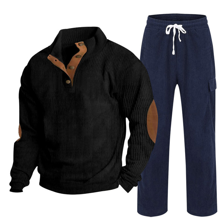 Herren Gemütliches Freizeit-Set aus Waffelstrick-Henley mit Ellenbogenpatch und Relax-Cargo-Hose Drune