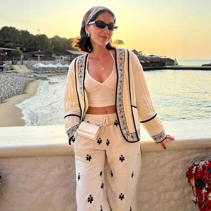 Damen Gestepptes Kimono-Cardigan mit geometrischer Stickbordüre Drune