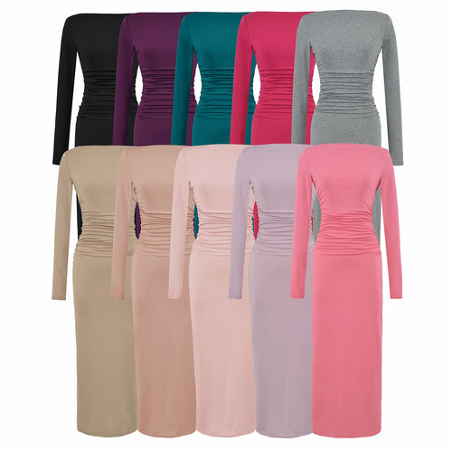 Damen Einschulter-Midikleid mit Langarm und seitlicher Raffung Drune