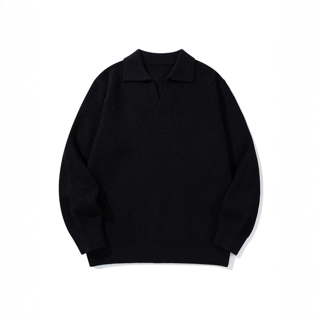 Herren Grobgestrickter Polokragen-Pullover mit V‑Ausschnitt und Rippenbündchen Drune