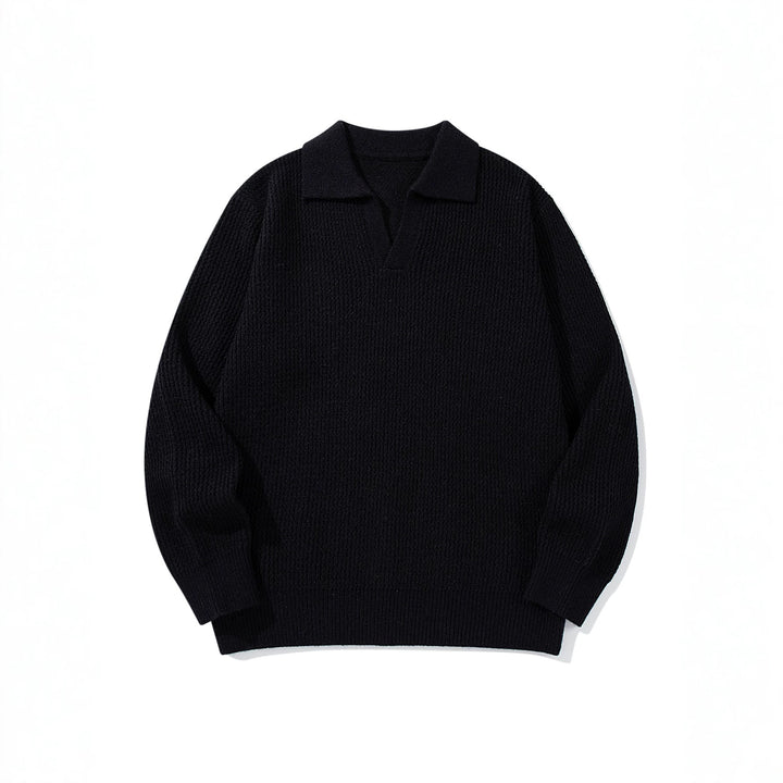 Herren Grobgestrickter Polokragen-Pullover mit V‑Ausschnitt und Rippenbündchen Drune