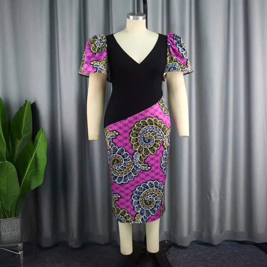 Damen Elegantes Etuikleid mit buntem Mustermix und Puffärmeln Drune