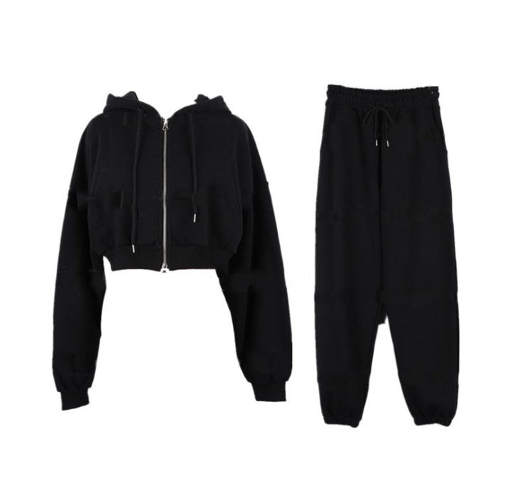 Damen lässiges Set mit cropped Kapuzenjacke und Jogginghose Drune