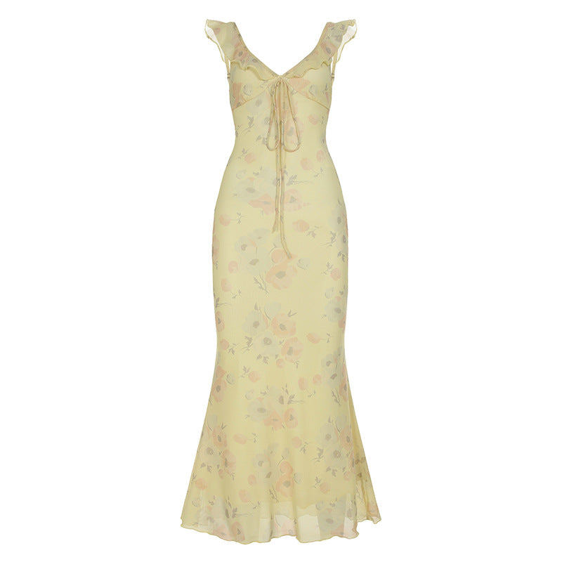 Damen fließendes Maxikleid mit zarten Rüschendetails und floralem Muster Drune