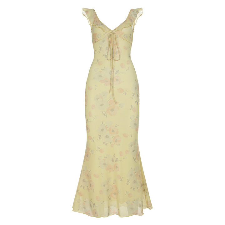Damen fließendes Maxikleid mit zarten Rüschendetails und floralem Muster Drune