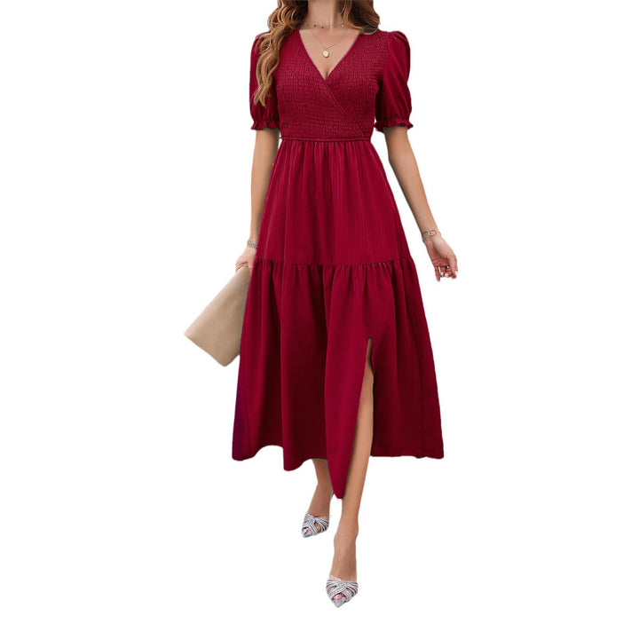 Damen Maxikleid mit hohem Schlitz und Puffärmeln Drune