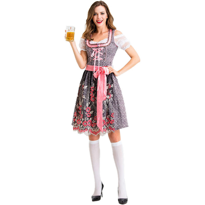 Damen nan traditionelles Kurzdirndl mit Spitzenärmeln, Schnürung und floraler Schürze Drune
