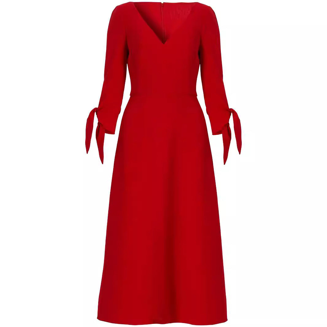 Damen Tailliertes Midikleid mit V-Ausschnitt und Schleifenmanschetten Drune