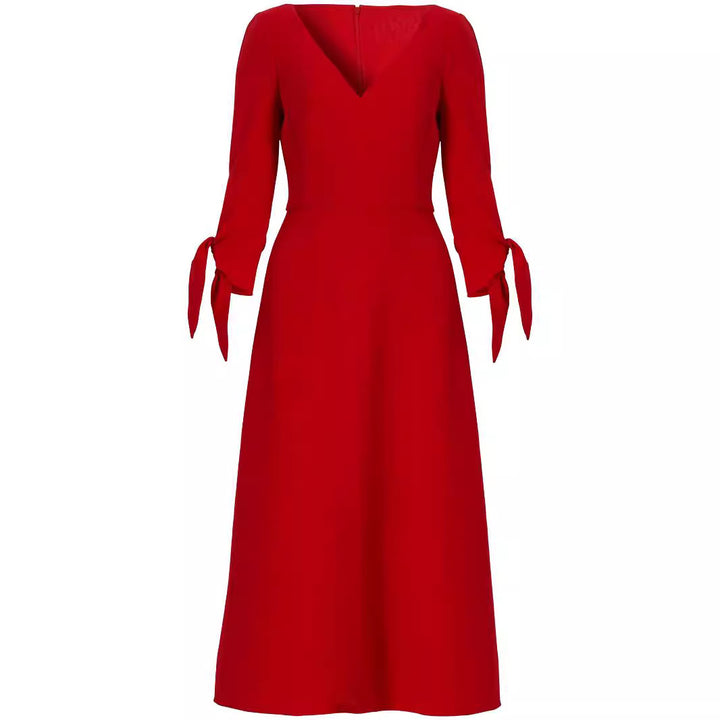 Damen Tailliertes Midikleid mit V-Ausschnitt und Schleifenmanschetten Drune