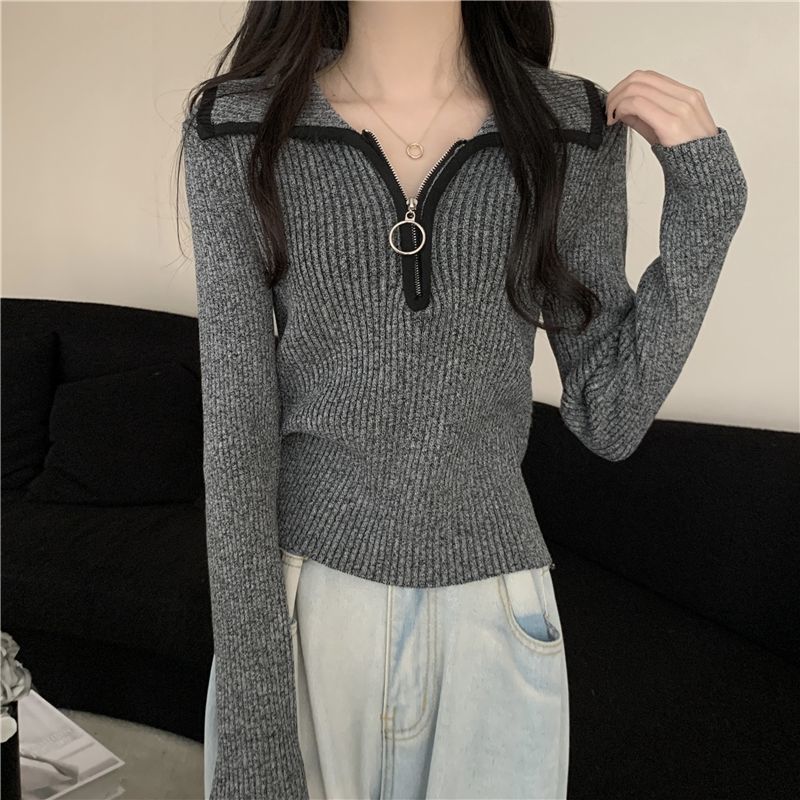 Damen modischer Zip-Pullover mit Rippstruktur Drune