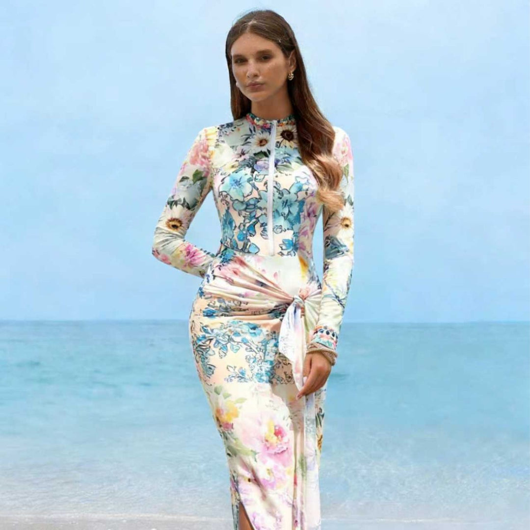 Damen Elegantes Langarm-Strandkleid mit floralem Design Drune