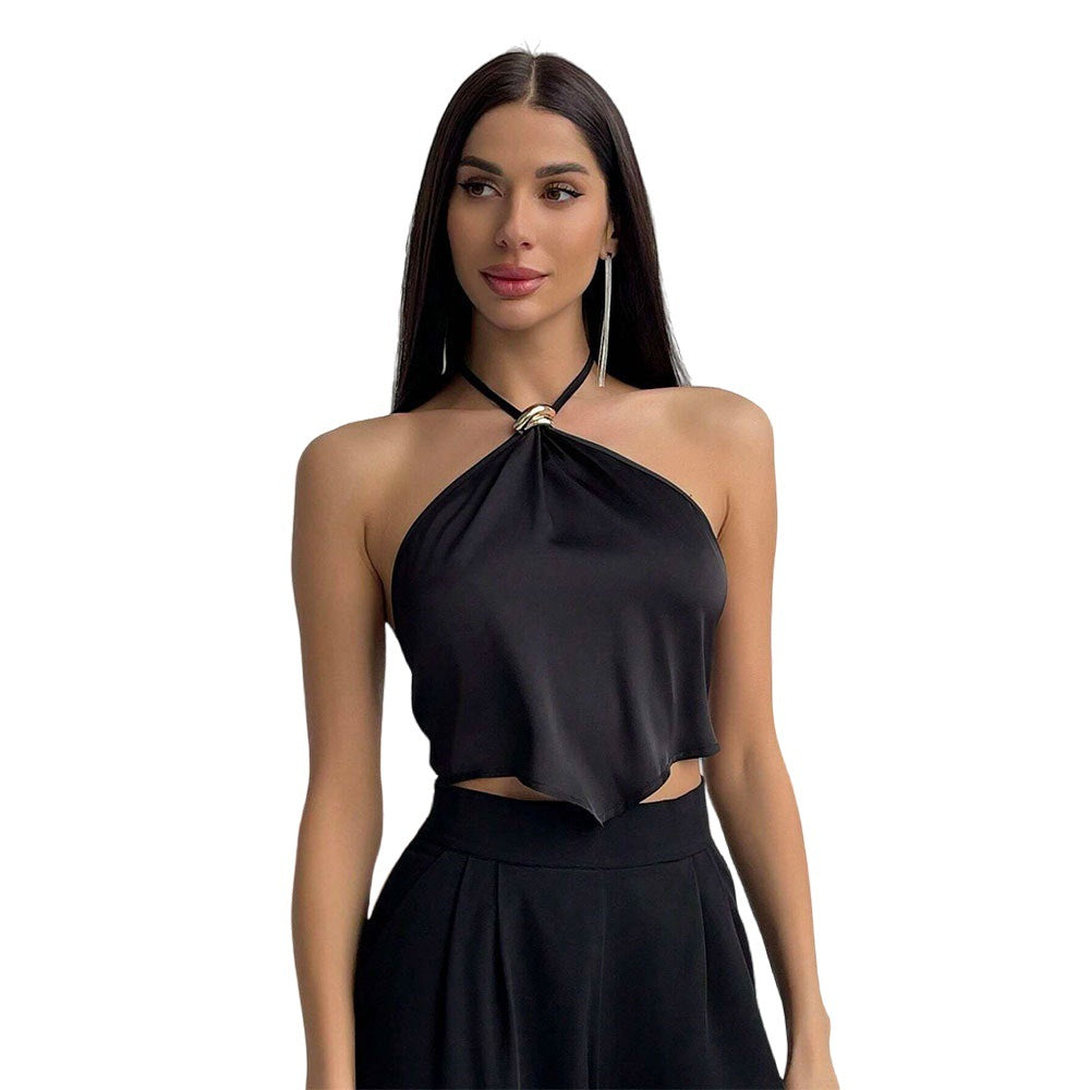 Damen elegantes Haltertop mit glänzendem Stoff und dekorativem Knoten Drune