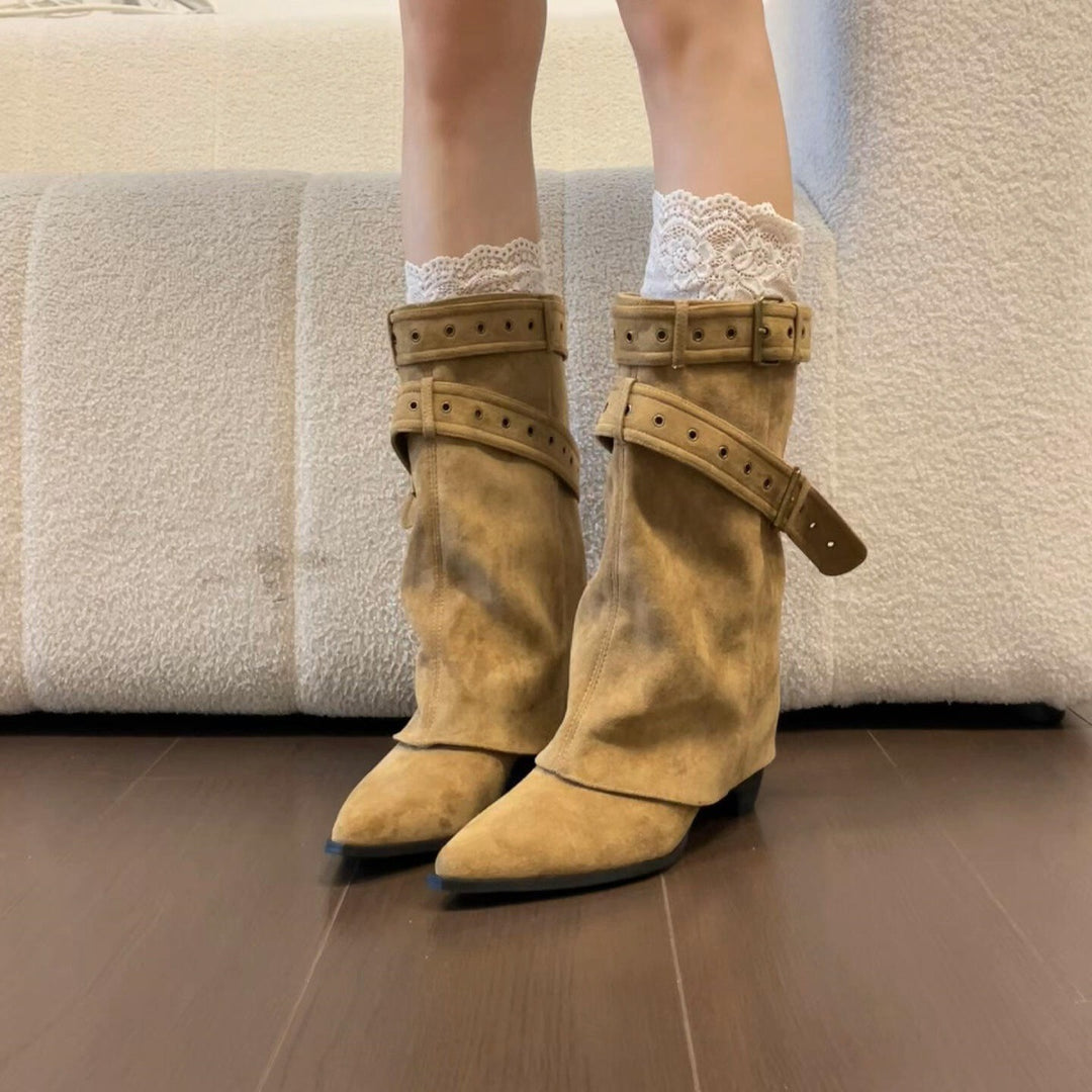 Damen Stilvolle Stiefeletten mit verzierter Riemen-Optik Drune