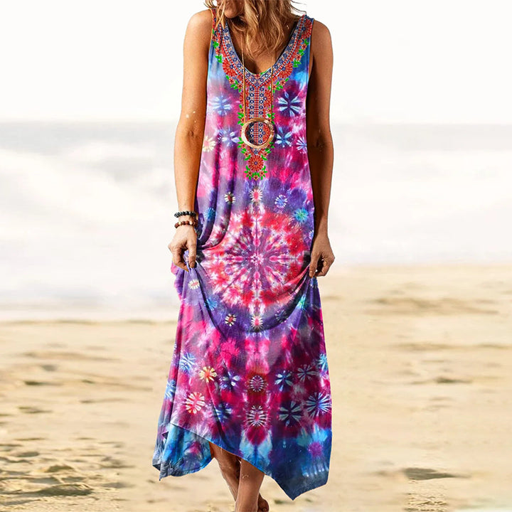 Damen Freizeit-Maxikleid mit buntem Batik-Design und eleganter Stickerei Drune