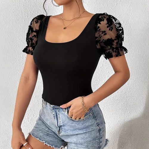 Damen Body mit transparentem Tüllärmel und floralen Akzenten Drune