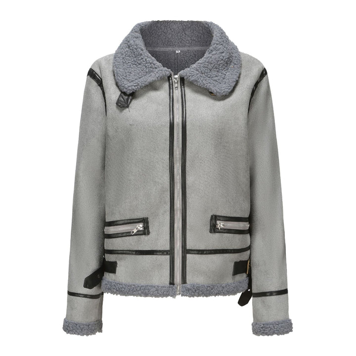 Damen Kurz geschnittene Aviator Lammfell‑Imitatjacke mit Teddyfutter und Kunstlederbesatz Drune
