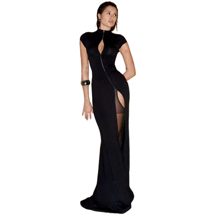 Damen Elegantes Maxikleid mit länglichem Reißverschluss und hohem Schlitz Drune