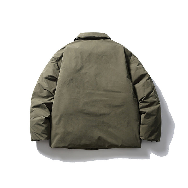 Herren Kurz geschnittene Thermo‑Pufferjacke im Boxy‑Cut mit Hemdkragen und verdeckter Druckknopfleiste Drune