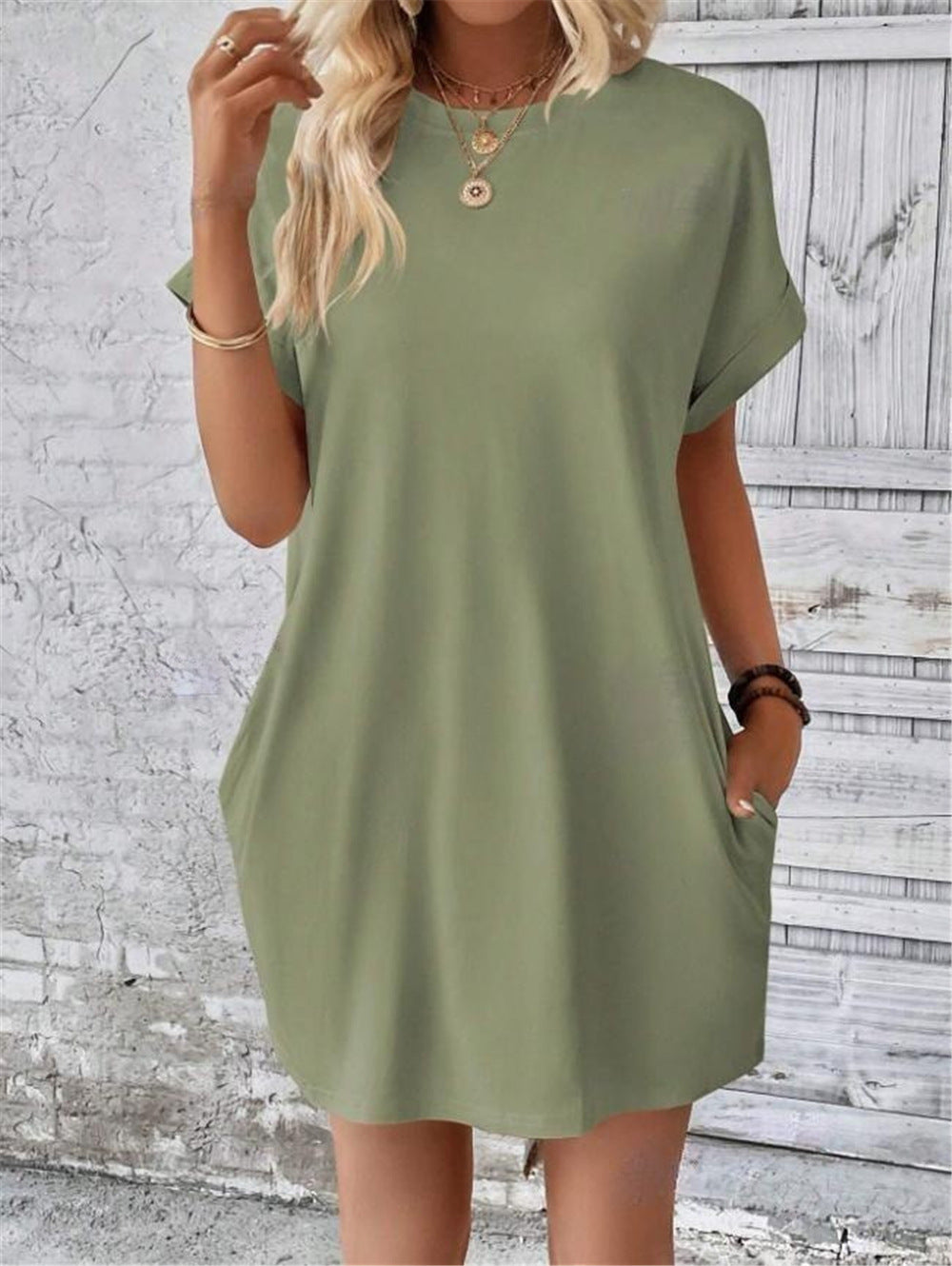 Damen lässiges T-Shirt-Kleid mit umschlagbaren Ärmeln und Taschen Drune