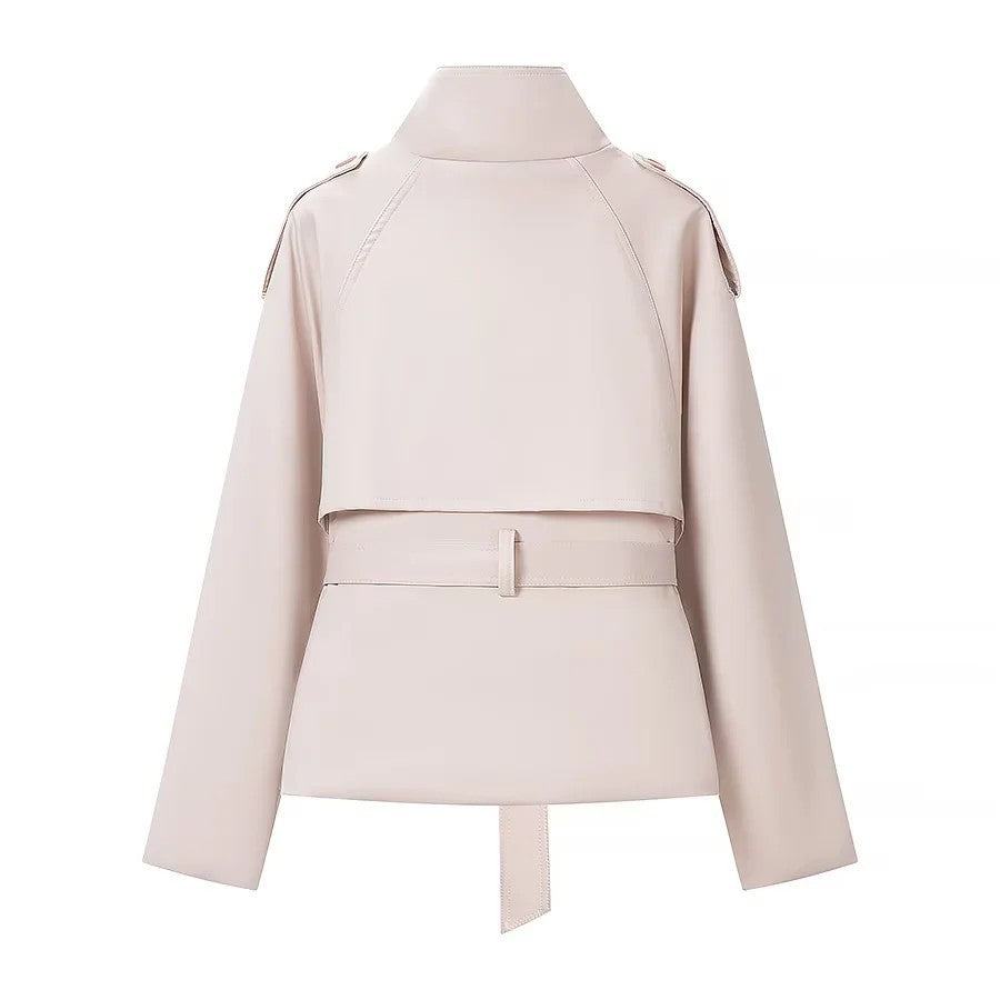 Damen Kurzjacke im Trench‑Stil mit Stehkragen Doppelreihe und Bindegürtel Drune